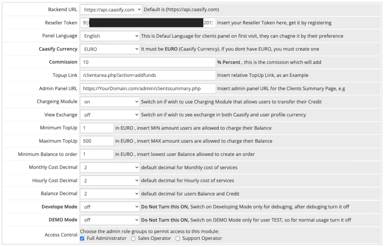 Caasify WHMCS Configuration Settings