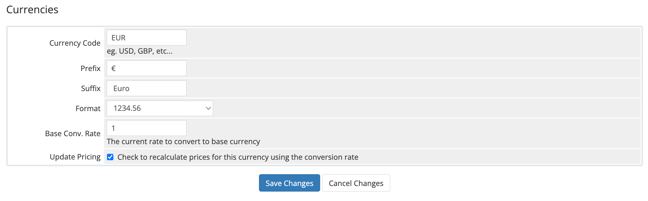 Euro Currency Setup