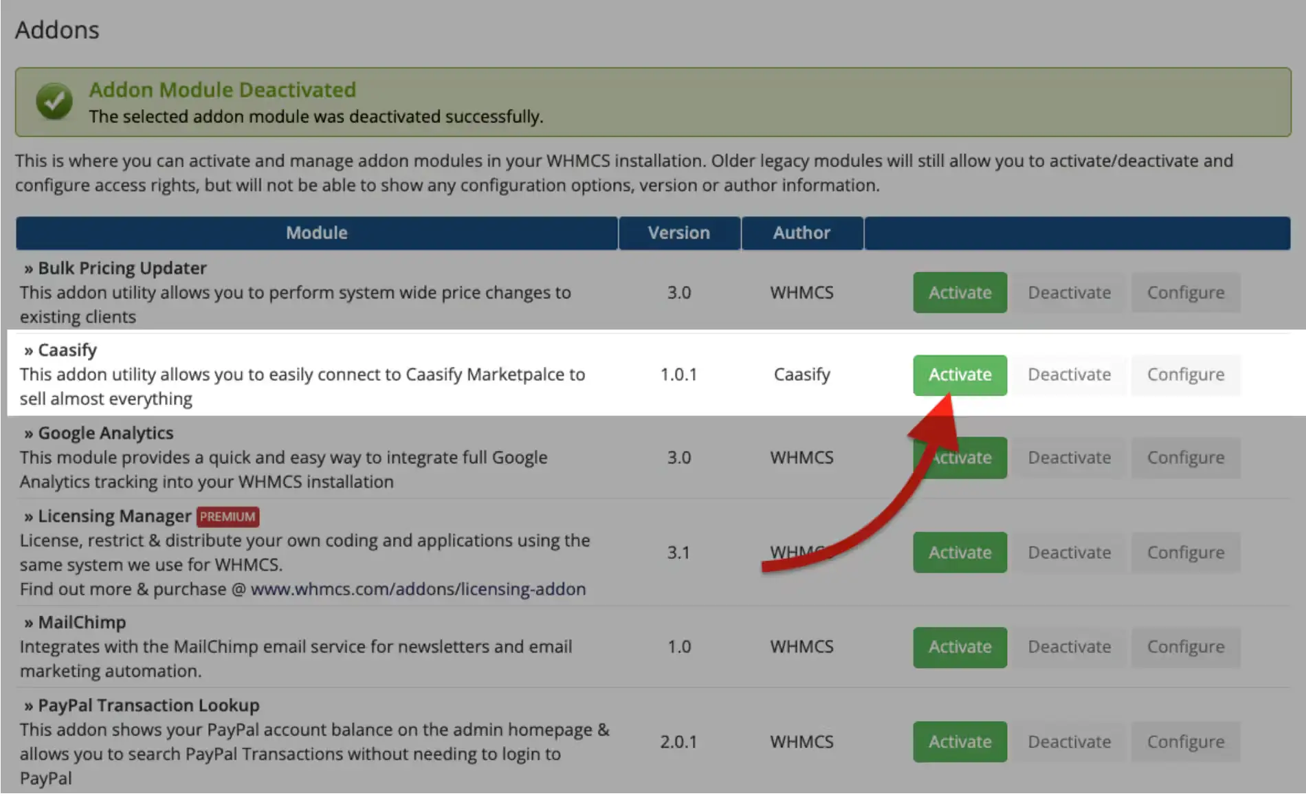 WHMCS Addon Activation